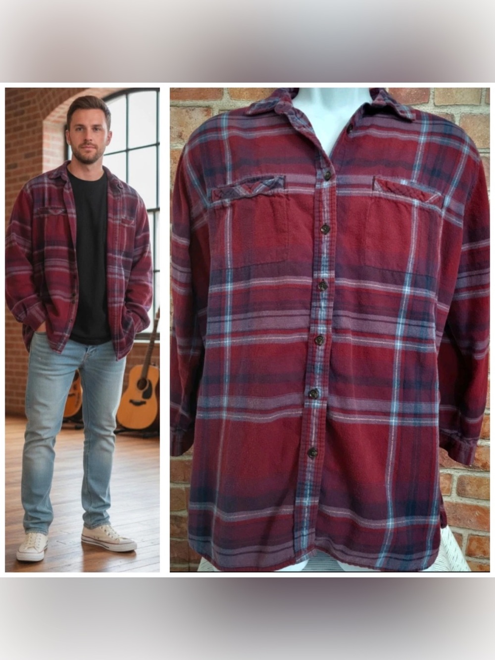 BDG | Men's Burgundy Plaid Casual Button-Down Shirt
